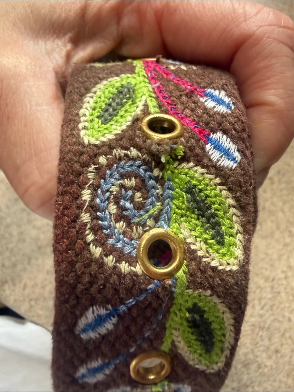 Embroidered Brown Floral Belt with Brass Eyelets